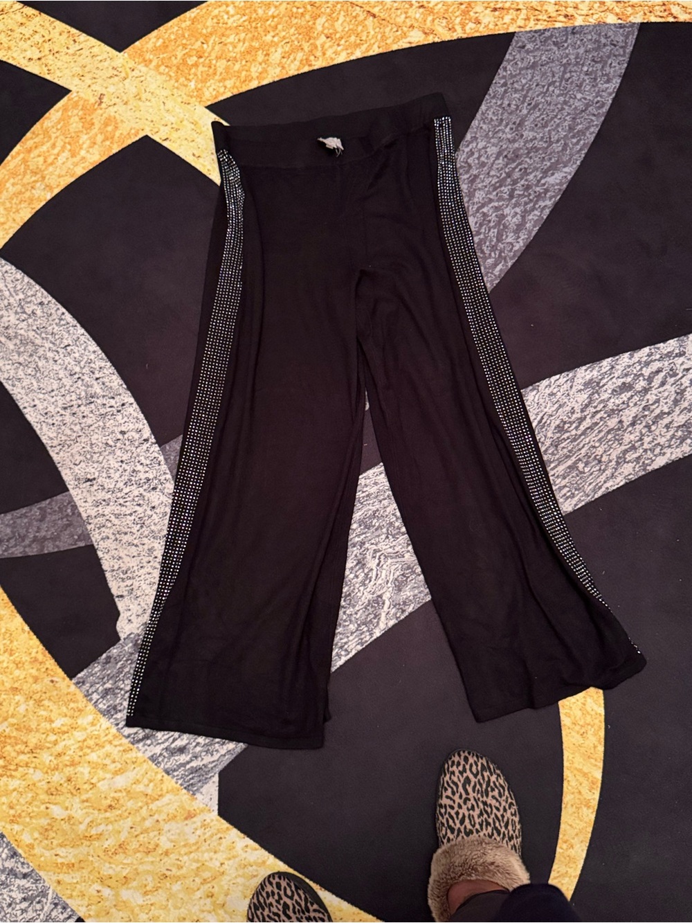 Black Wide Leg Pants with Rhinestone Side Trim